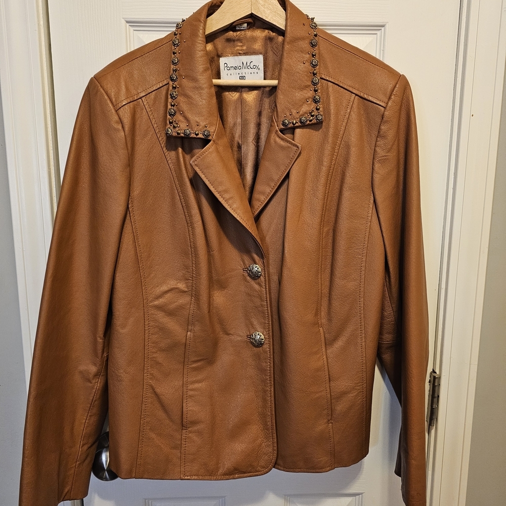 Pamela McCoy Women's Brown Leather Blazer with Studded Embellished Collar